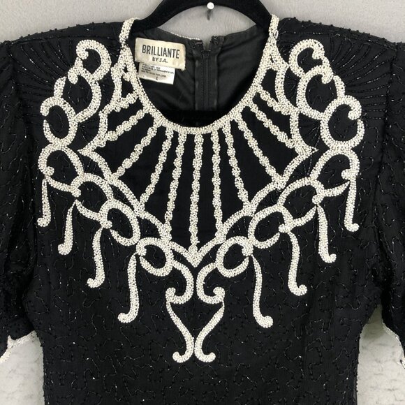 Vintage Brilliante by JA Dress Womens Large Black White Silk Beaded Cocktail - Picture 3 of 16